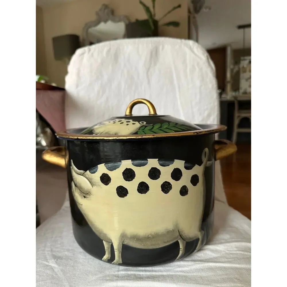 Emma Hunk Hand Painted Enamel Pot PIGS, 2000 vintage black Gold Handles 6.5x10”